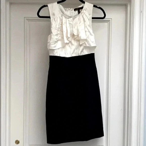BCBG Maxazria Satin Silk Ivory Ruffle Bust Straight Shift Black Dress Size 0 - Picture 5 of 12